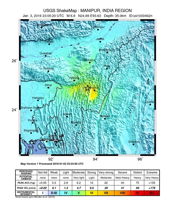 Forte scossa di Magnitudo 6.8 in India, nei pressi della città di Imphal