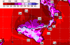 | Temperature previste giovedì a 2 metri |