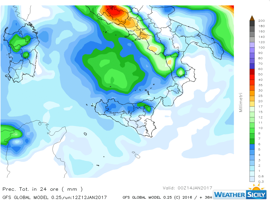 | Precipitazioni attese martedì 10 gennaio 2016, Gfs 0.25° by Weather Sicily |