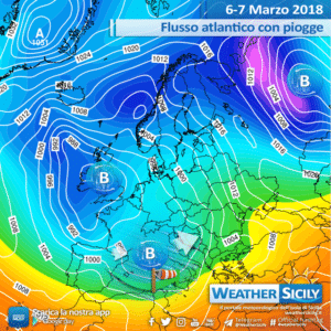 Sicilia, prosegue il flusso atlantico: piogge sparse, forti venti e lieve calo delle temperature.