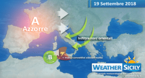 Vortice ciclonico sul Mar Tirreno: fase perturbata in accentuazione sulla Sicilia.