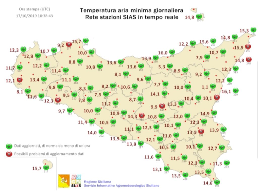 Sicilia: le temperature minime odierne.