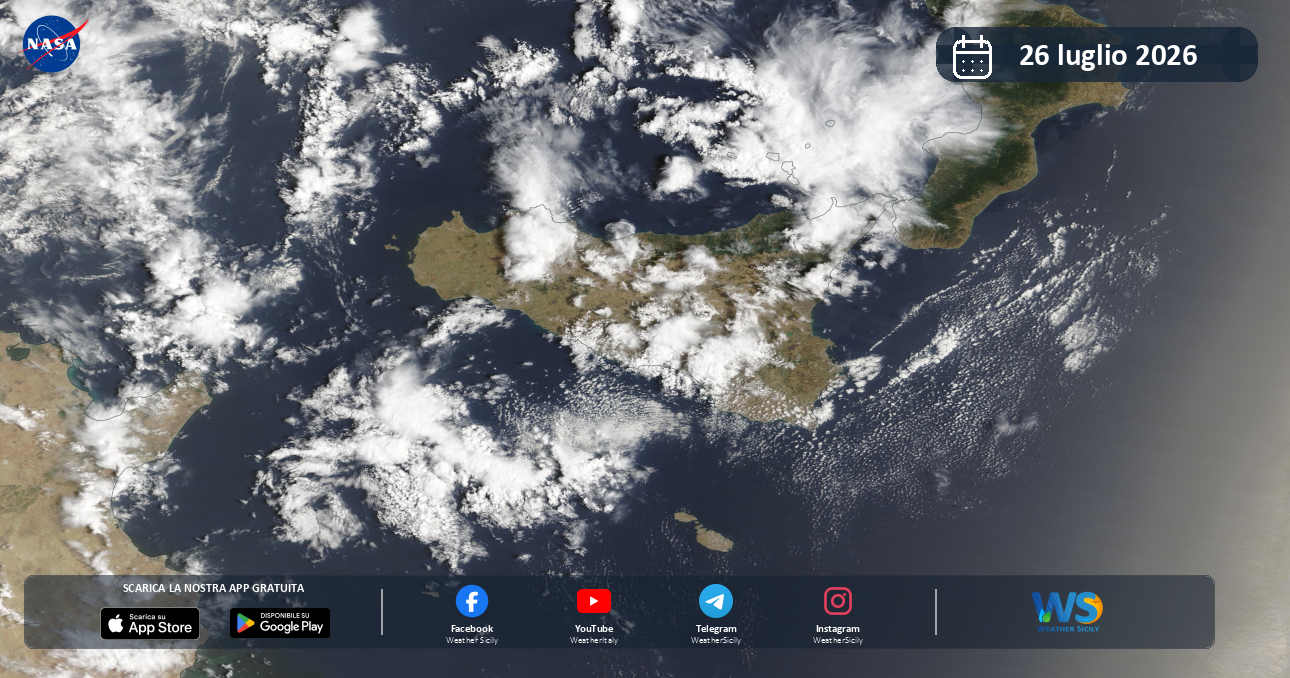 Meteo Sicilia: immagine satellitare NASA di domenica 26 luglio 2026