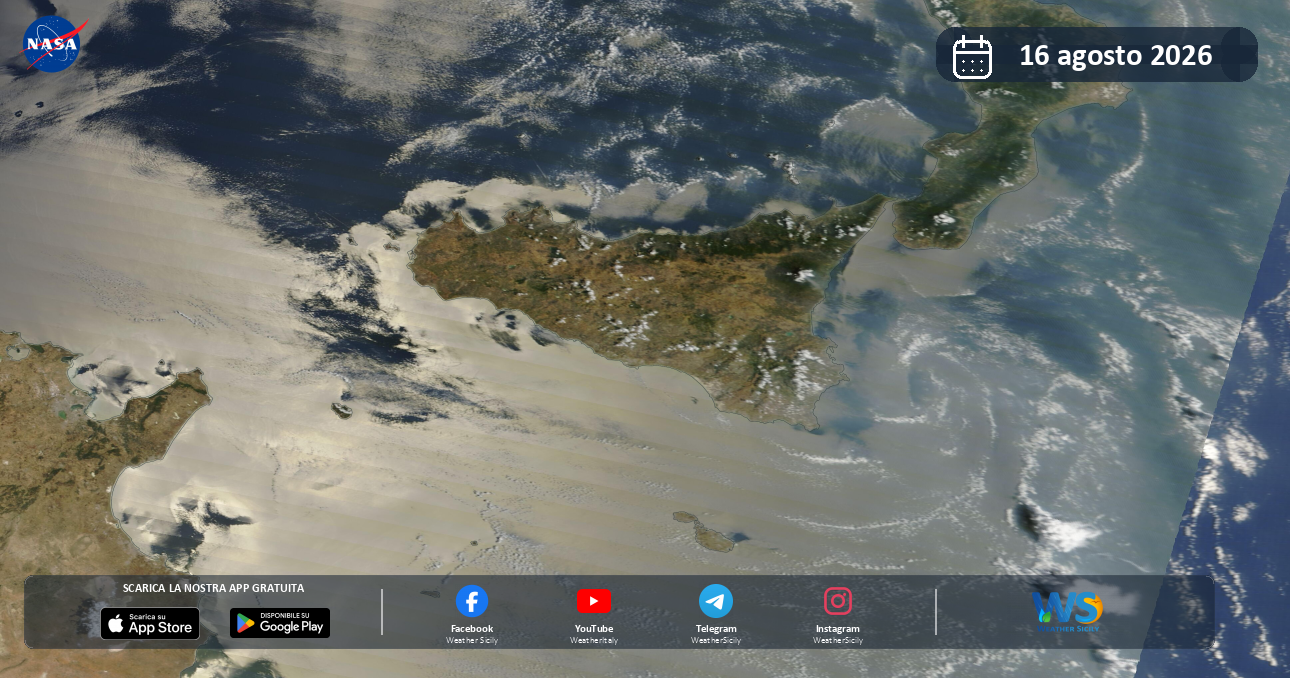 Meteo Sicilia: immagine satellitare NASA di domenica 16 agosto 2026