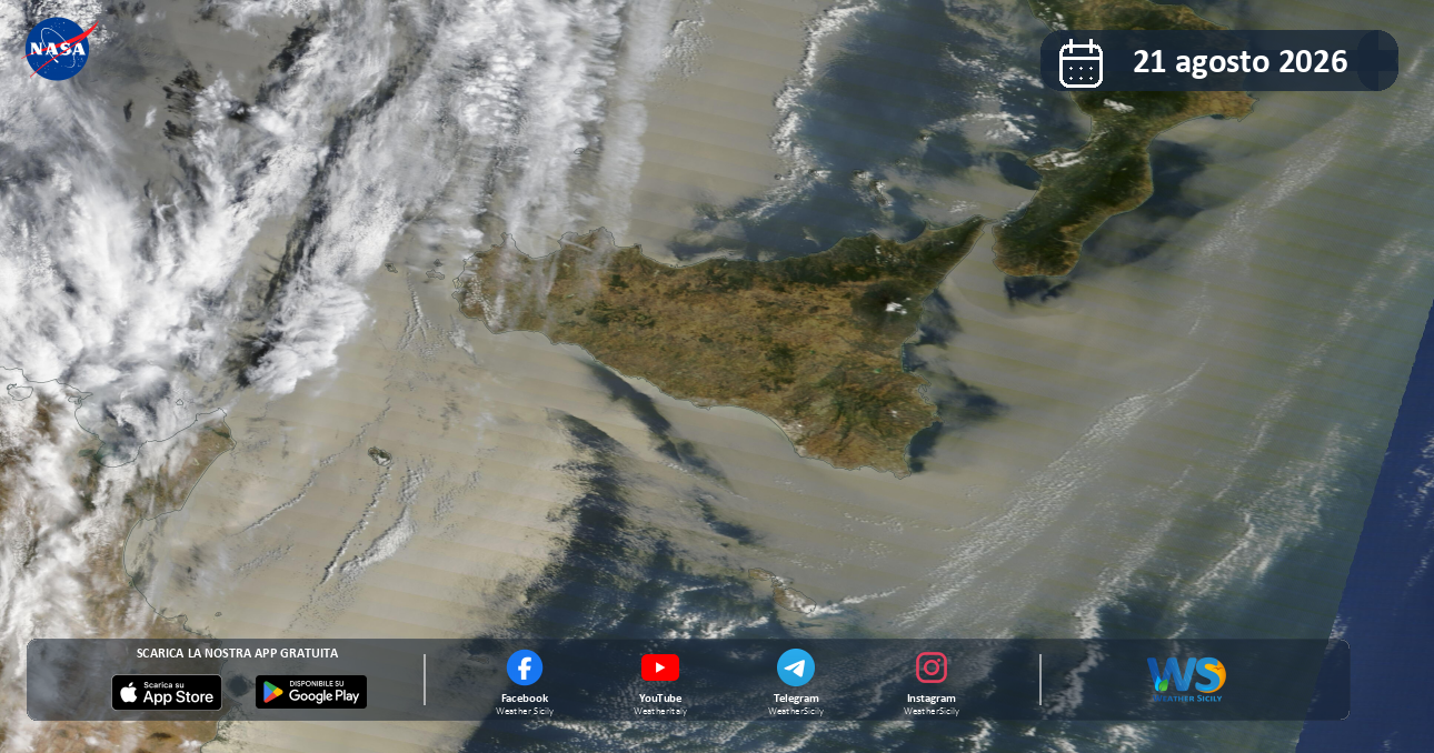 Meteo Sicilia: immagine satellitare NASA di venerdì 21 agosto 2026