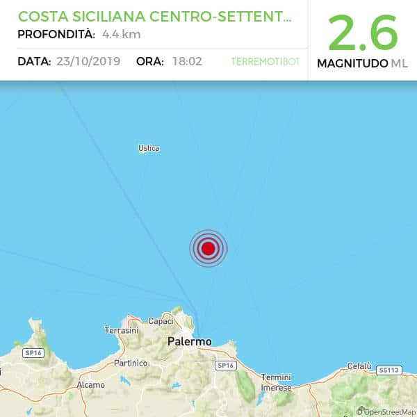 Sicilia: registrate 2 scosse di terremoto al largo della costa palermitana.