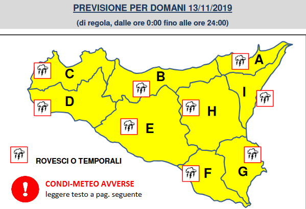 Sicilia: allerta meteo gialla mercoledì su tutta la regione.