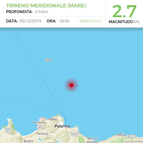 Sicilia: scossa di terremoto 2.7 davanti la costa palermitana.