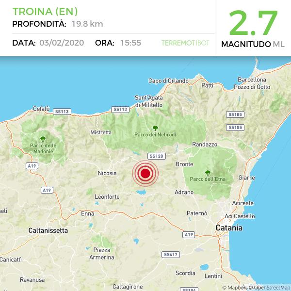Sicilia: scossa di terremoto 2.7 a Troina, nell'ennese.