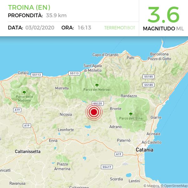 Terremoto: serie di scosse nell'ennese. La più forte è di 3.6 a Troina.