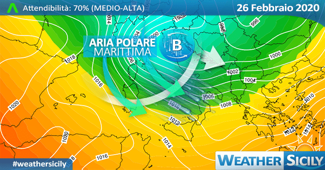 Sicilia, imminente crollo termico: attesi forti venti e qualche pioggia/nevicata.