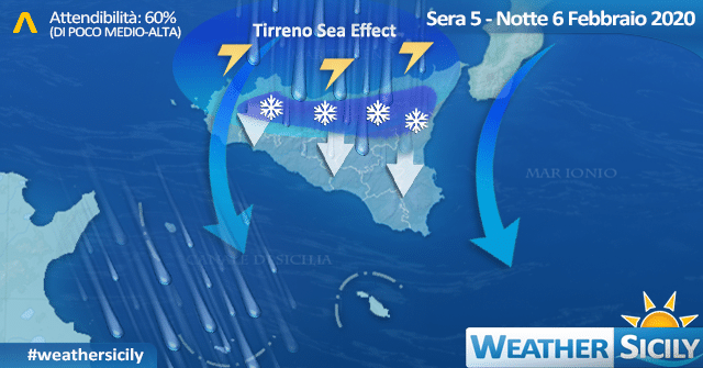 Sicilia: fiocca fin i 400 m, accumuli dai 700/800 m. Quota neve in calo in serata.