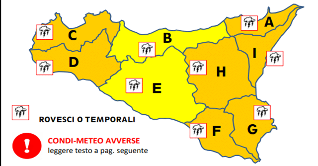 Emessa allerta meteo arancione su Sicilia occidentale e orientale.