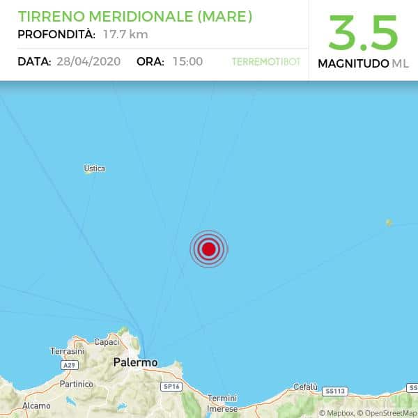 Sicilia, scossa di terremoto 3.5 al largo di Palermo.