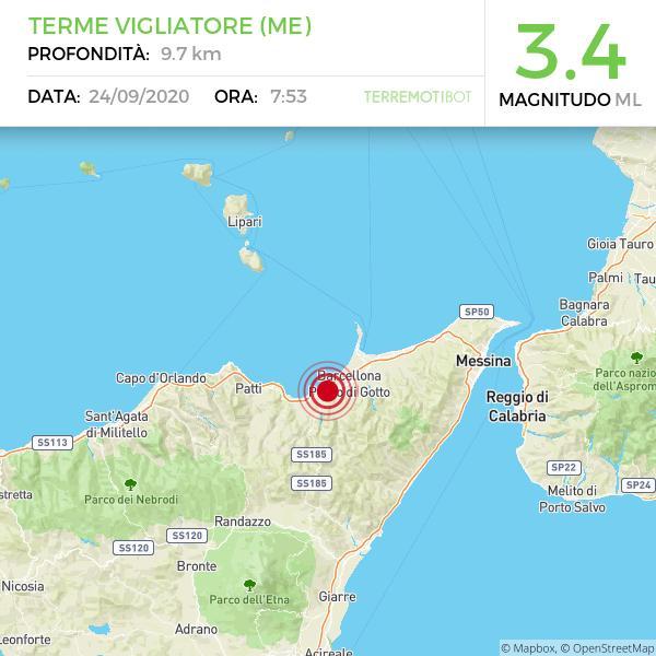 Sicilia, scossa di terremoto  a Terme Vigliatore (ME)