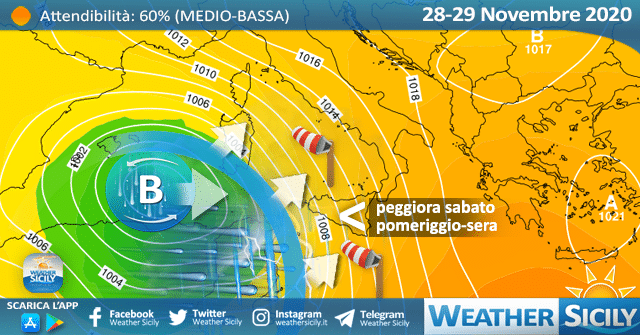 Sicilia: emanata allerta meteo arancione per sabato 28 novembre 2020.