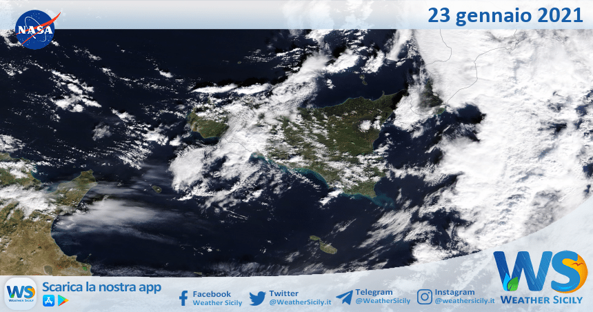 Sicilia: immagine satellitare Nasa di sabato 23 gennaio 2021
