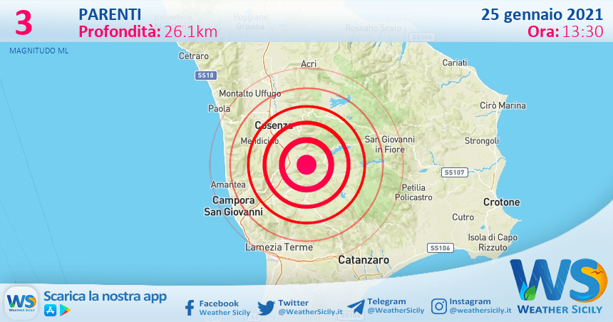 Sicilia: scossa di terremoto magnitudo 3 nei pressi di Parenti (CS)