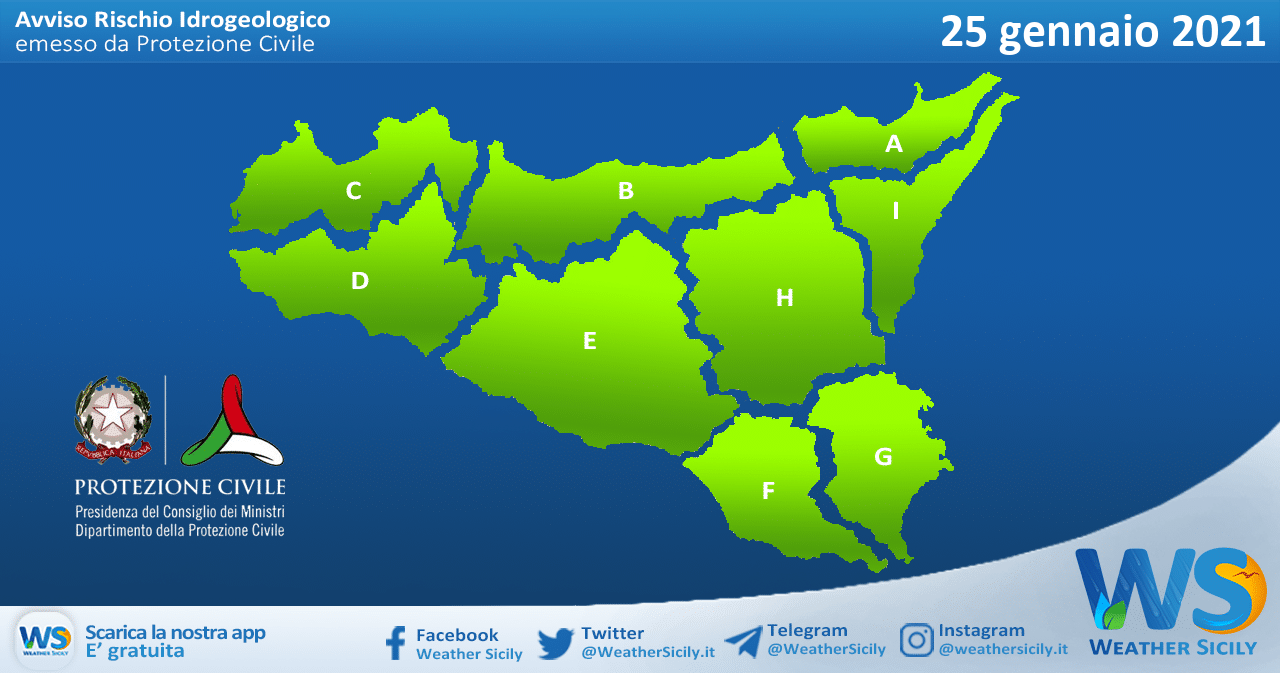 Sicilia: avviso rischio idrogeologico per lunedì 25 gennaio 2021