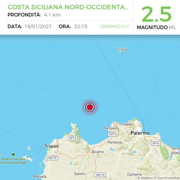 Sicilia, scossa di terremoto 2.5 al largo della costa trapanese