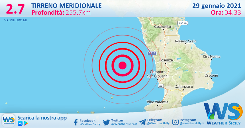 Sicilia: scossa di terremoto magnitudo 2.7 nel Tirreno Meridionale (MARE)