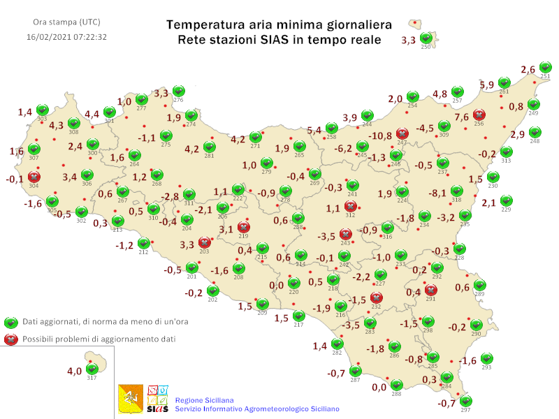 Sicilia: risveglio gelido. Ecco le temperature minime raggiunte.