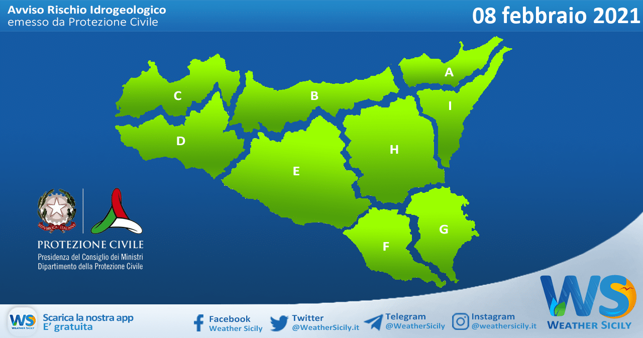 Sicilia: avviso rischio idrogeologico per lunedì 08 febbraio 2021