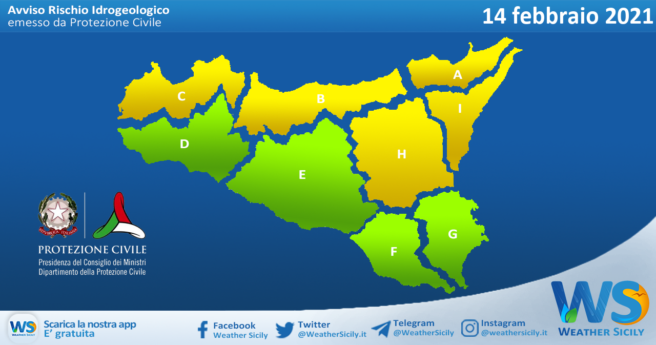 Emessa allerta meteo gialla su Sicilia settentrionale e nord-orientale per domenica 14 febbraio 2021