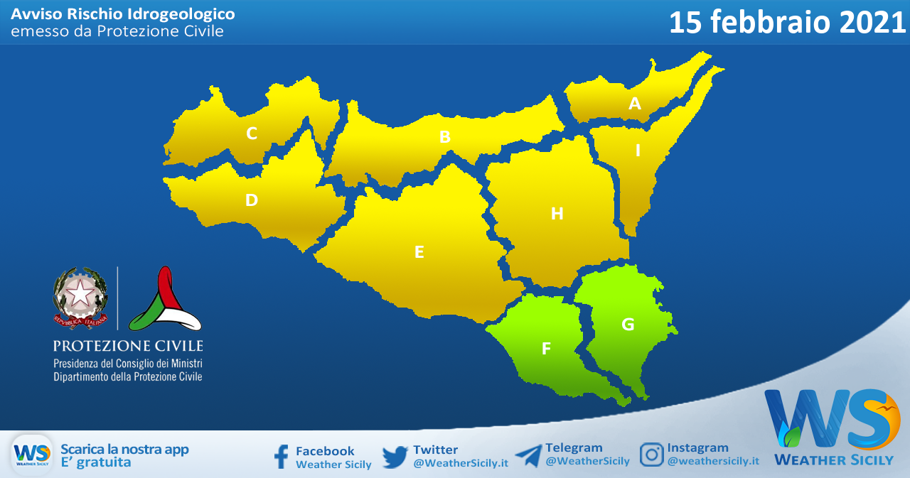 Sicilia: avviso rischio idrogeologico per lunedì 15 febbraio 2021