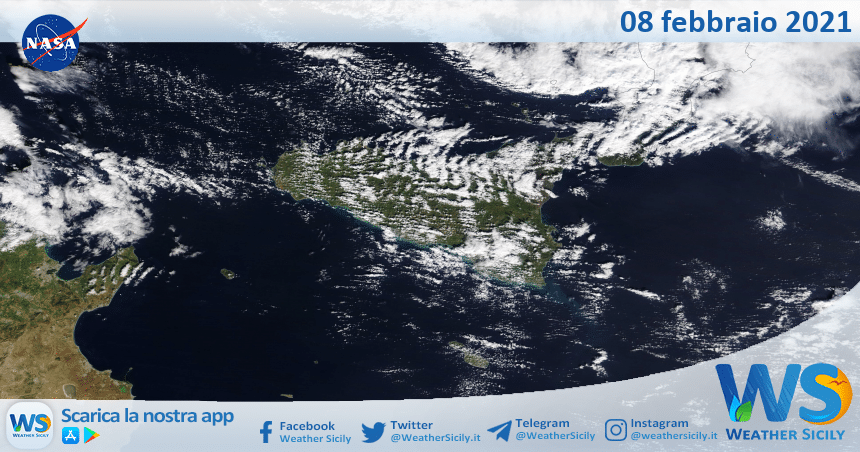 Sicilia: immagine satellitare Nasa di lunedì 08 febbraio 2021