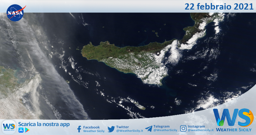 Sicilia: immagine satellitare Nasa di lunedì 22 febbraio 2021