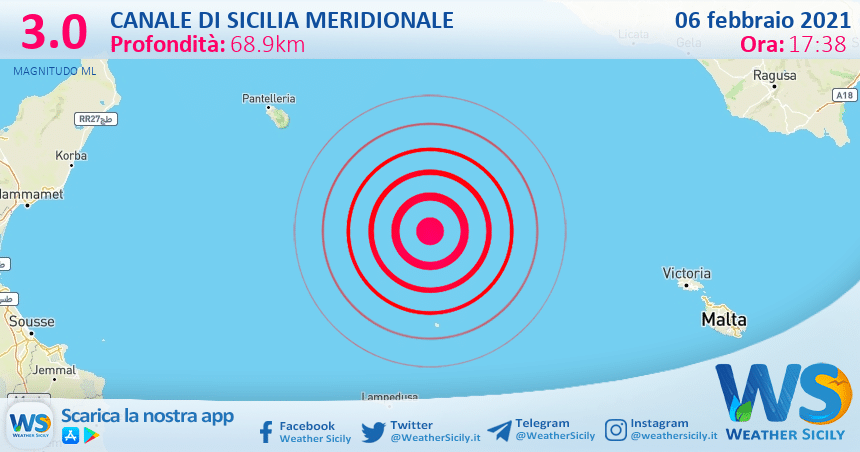 Sicilia: scossa di terremoto magnitudo 3.0 nel Canale di Sicilia meridionale (MARE)