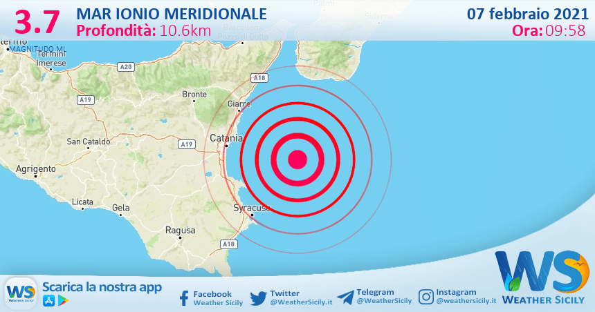 Sicilia: scossa di terremoto magnitudo 3.7 nel Mar Ionio Meridionale (MARE)