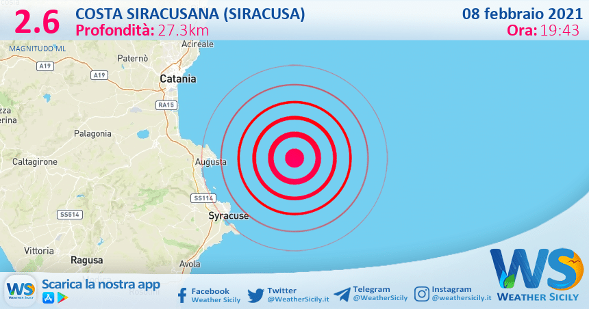 Sicilia: scossa di terremoto magnitudo 2.6 nei pressi di Costa Siracusana (Siracusa)