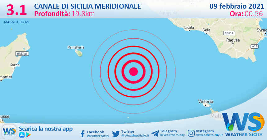 Sicilia: scossa di terremoto magnitudo 3.1 nel Canale di Sicilia meridionale (MARE)