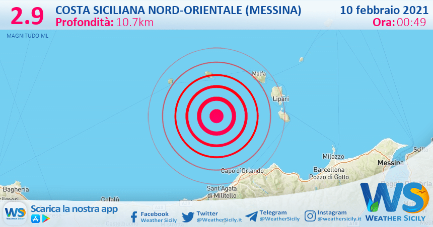 Sicilia: scossa di terremoto magnitudo 2.9 nei pressi di Costa Siciliana nord-orientale (Messina)