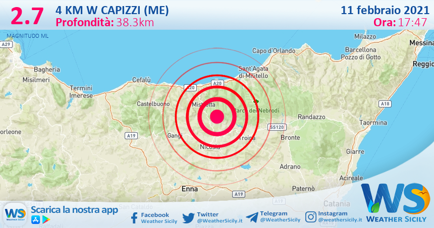 Sicilia: scossa di terremoto magnitudo 2.7 nei pressi di Capizzi (ME)