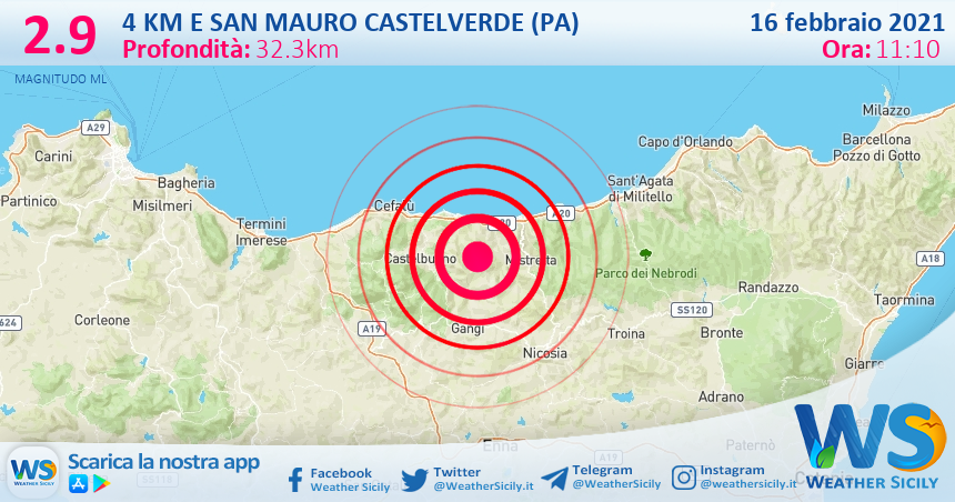 Sicilia: scossa di terremoto magnitudo 2.9 nei pressi di San Mauro Castelverde (PA)