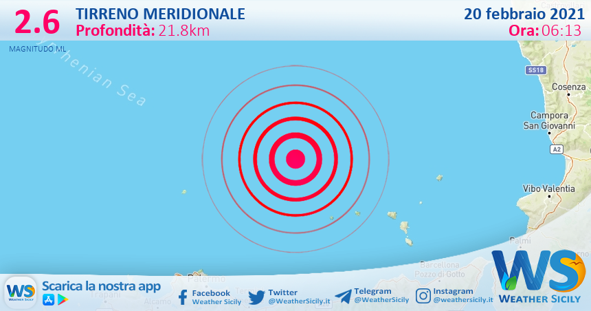 Sicilia: scossa di terremoto magnitudo 2.6 nel Tirreno Meridionale (MARE)