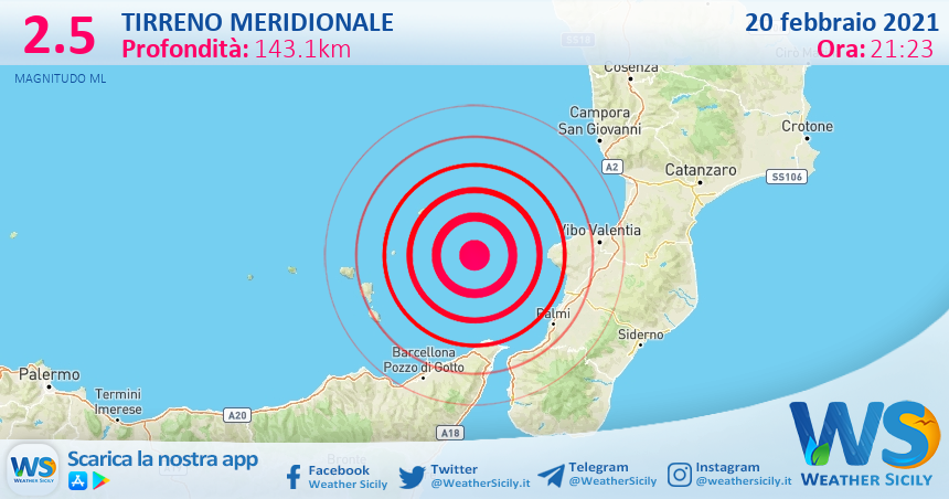 Sicilia: scossa di terremoto magnitudo 2.5 nel Tirreno Meridionale (MARE)