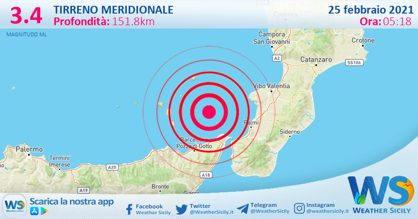 Sicilia: scossa di terremoto magnitudo 3.4 nel Tirreno Meridionale (MARE)