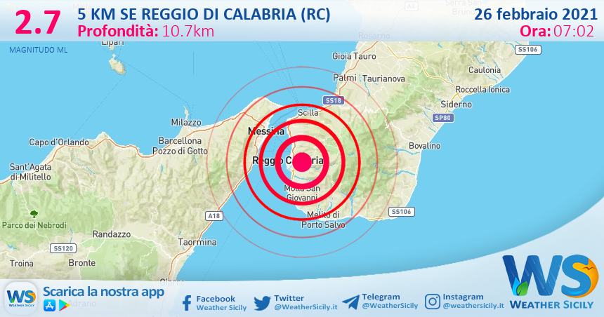 Sicilia: scossa di terremoto magnitudo 2.7 nei pressi di Reggio di Calabria (RC)