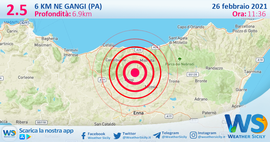 Sicilia: scossa di terremoto magnitudo 2.5 nei pressi di Gangi (PA)