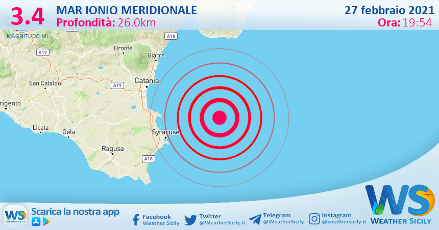 Sicilia: scossa di terremoto magnitudo 3.4 nel Mar Ionio Meridionale (MARE)