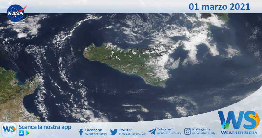 Sicilia: immagine satellitare Nasa di lunedì 01 marzo 2021