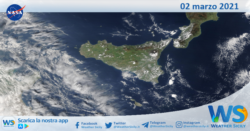 Sicilia: immagine satellitare Nasa di martedì 02 marzo 2021