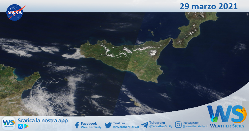 Sicilia: immagine satellitare Nasa di lunedì 29 marzo 2021