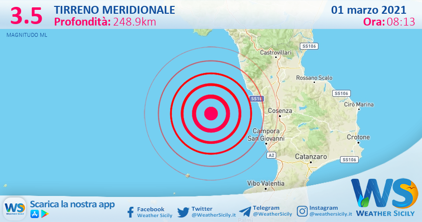 Sicilia: scossa di terremoto magnitudo 3.5 nel Tirreno Meridionale (MARE)