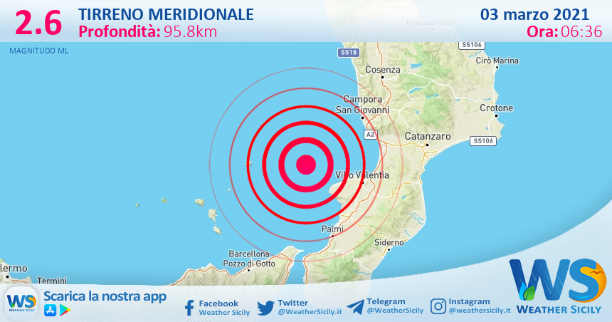 Sicilia: scossa di terremoto magnitudo 2.6 nel Tirreno Meridionale (MARE)