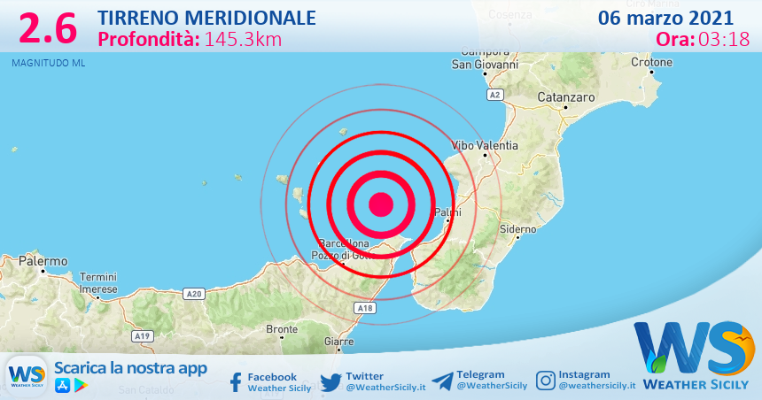 Sicilia: scossa di terremoto magnitudo 2.6 nel Tirreno Meridionale (MARE)